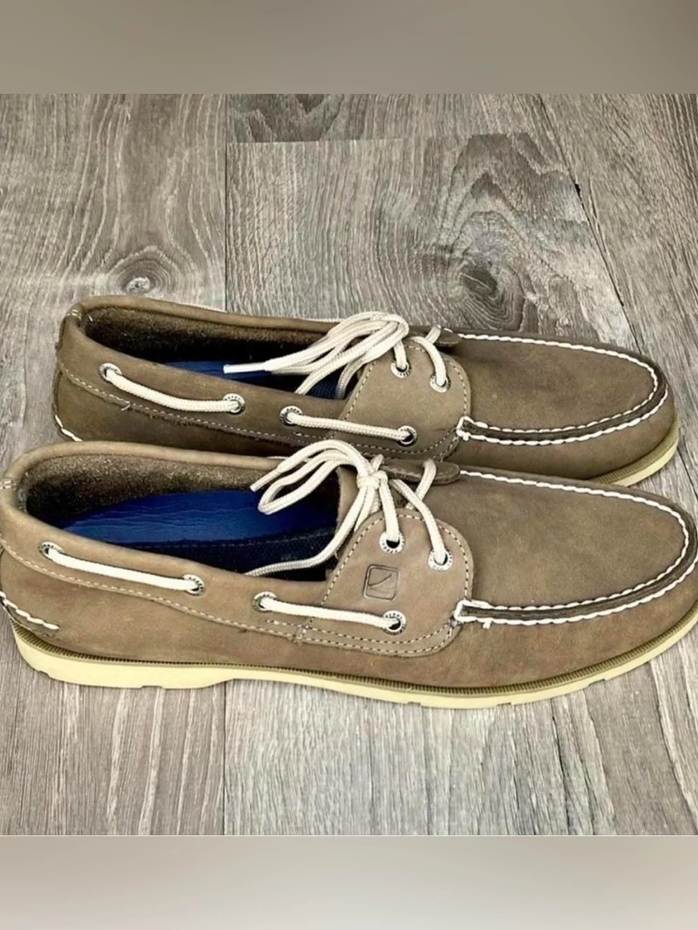 Sperry Men's Suede Boat Shoes in Taupe with White Laces